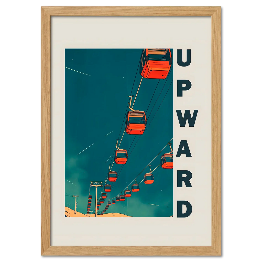Up the Lift - Poster featuring red gondola cabins moving upward against a blue sky.