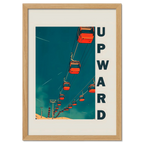 Up the Lift - Poster featuring red gondola cabins moving upward against a blue sky.