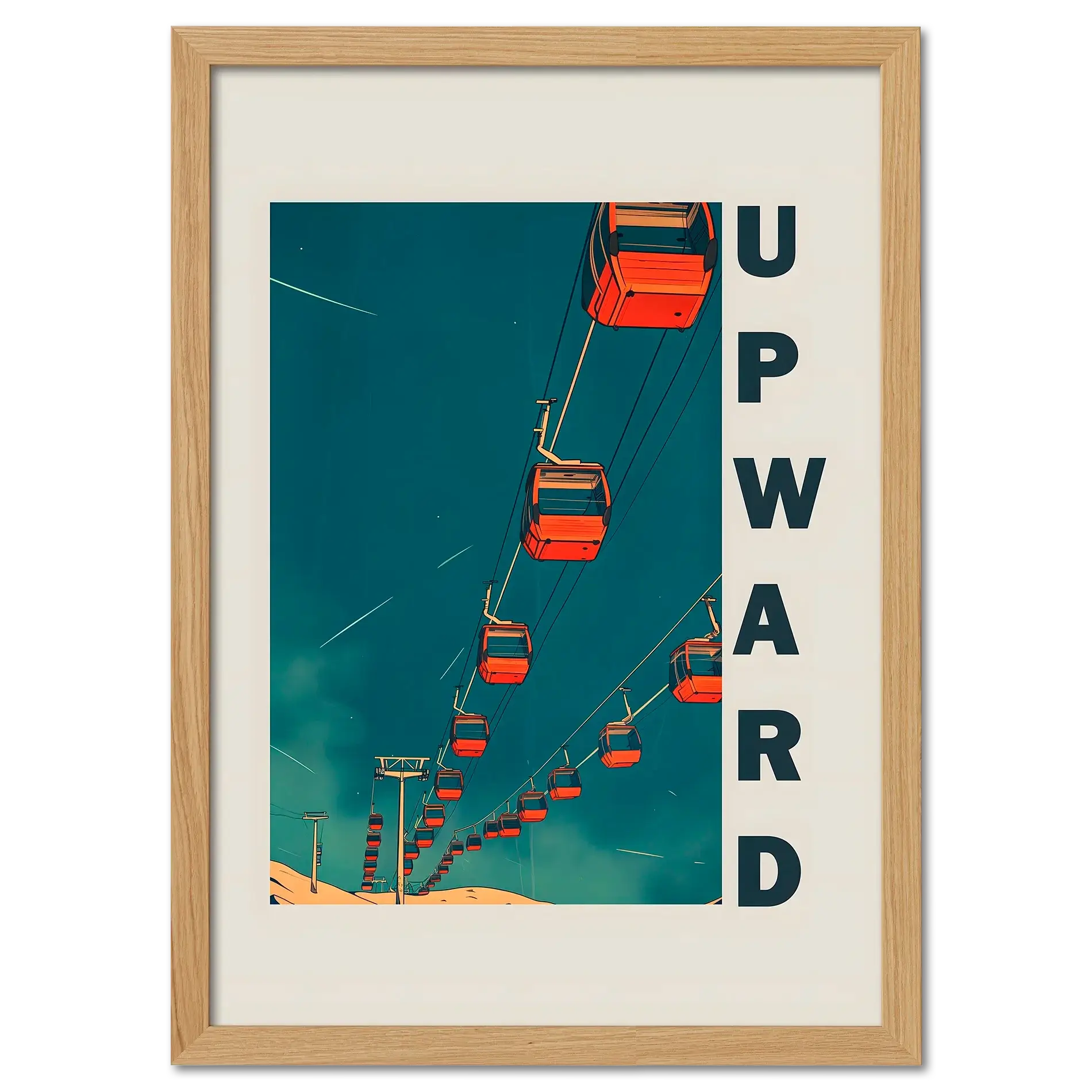 Up the Lift - Poster featuring red gondola cabins moving upward against a blue sky.