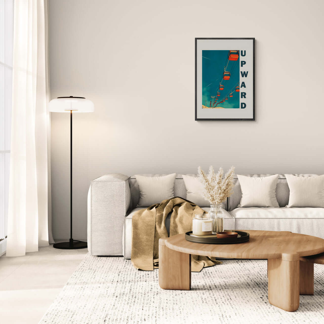 Up the Lift - Poster featuring red gondolas against a blue sky, perfect wall art for modern minimalist interiors.