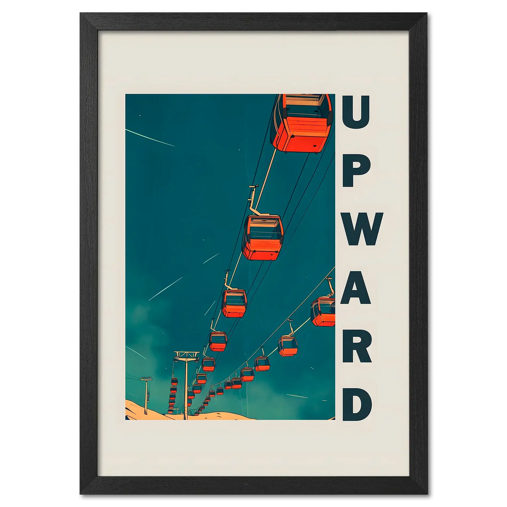 Up the Lift - Poster featuring red gondola cabins ascending against a blue sky, perfect for modern interiors.