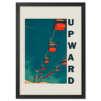Up the Lift - Poster featuring red gondola cabins ascending against a blue sky, perfect for modern interiors.