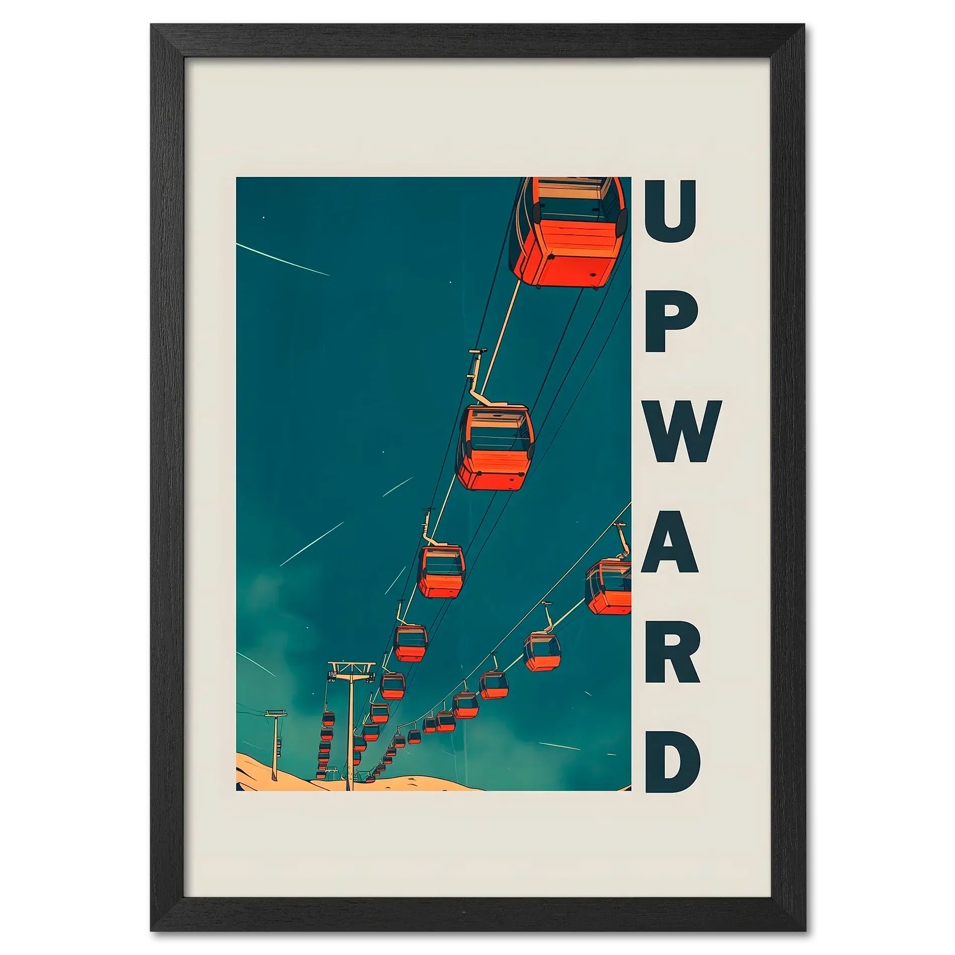 Up the Lift - Poster featuring red gondola cabins ascending against a blue sky, perfect for modern interiors.