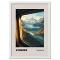 Verbier - Where the Slopes Meet the Sky - Poster showcasing a tranquil alpine view through a train window.