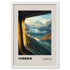 Verbier - Where the Slopes Meet the Sky - Poster showcasing a tranquil alpine view through a train window.