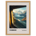 Verbier - Where the Slopes Meet the Sky - Poster showcasing a serene alpine landscape through a train window.