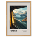 Verbier - Where the Slopes Meet the Sky - Poster showcasing a serene alpine landscape through a train window.