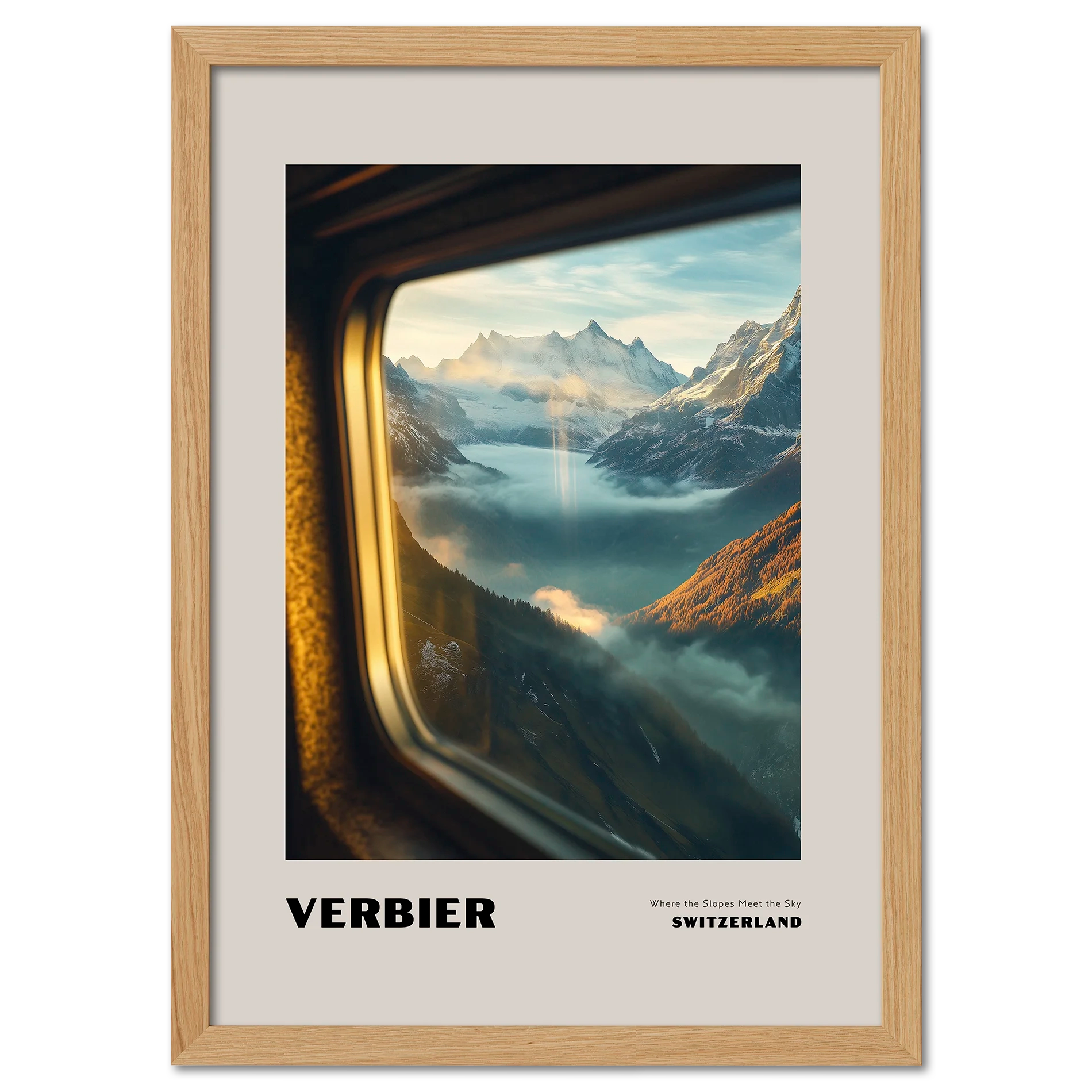 Verbier - Where the Slopes Meet the Sky - Poster showcasing a serene alpine landscape through a train window.