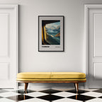 Verbier - Where the Slopes Meet the Sky - Poster displayed in modern living room with yellow couch.