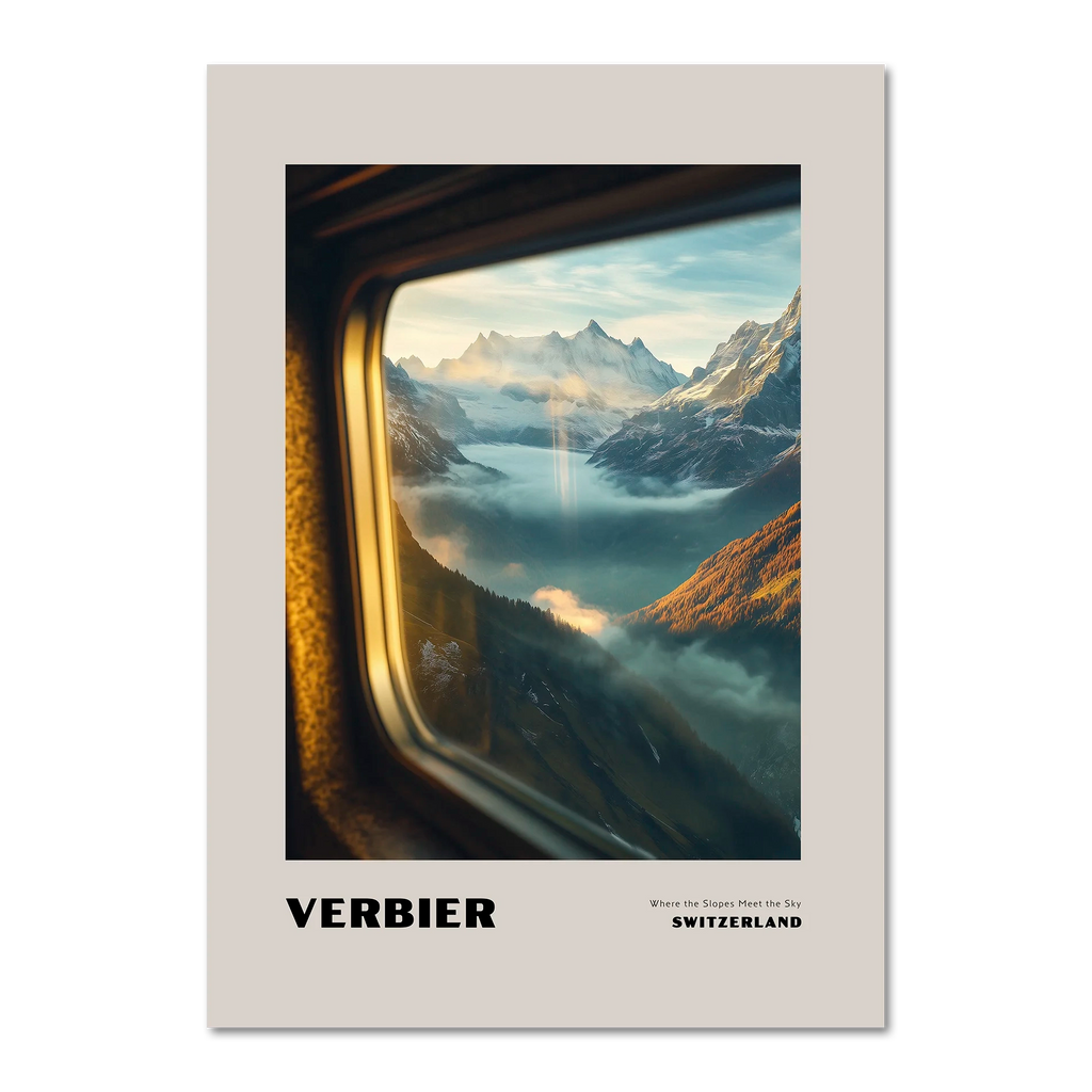 Verbier - Where the Slopes Meet the Sky - Poster showing a serene alpine view from a train window in Switzerland.