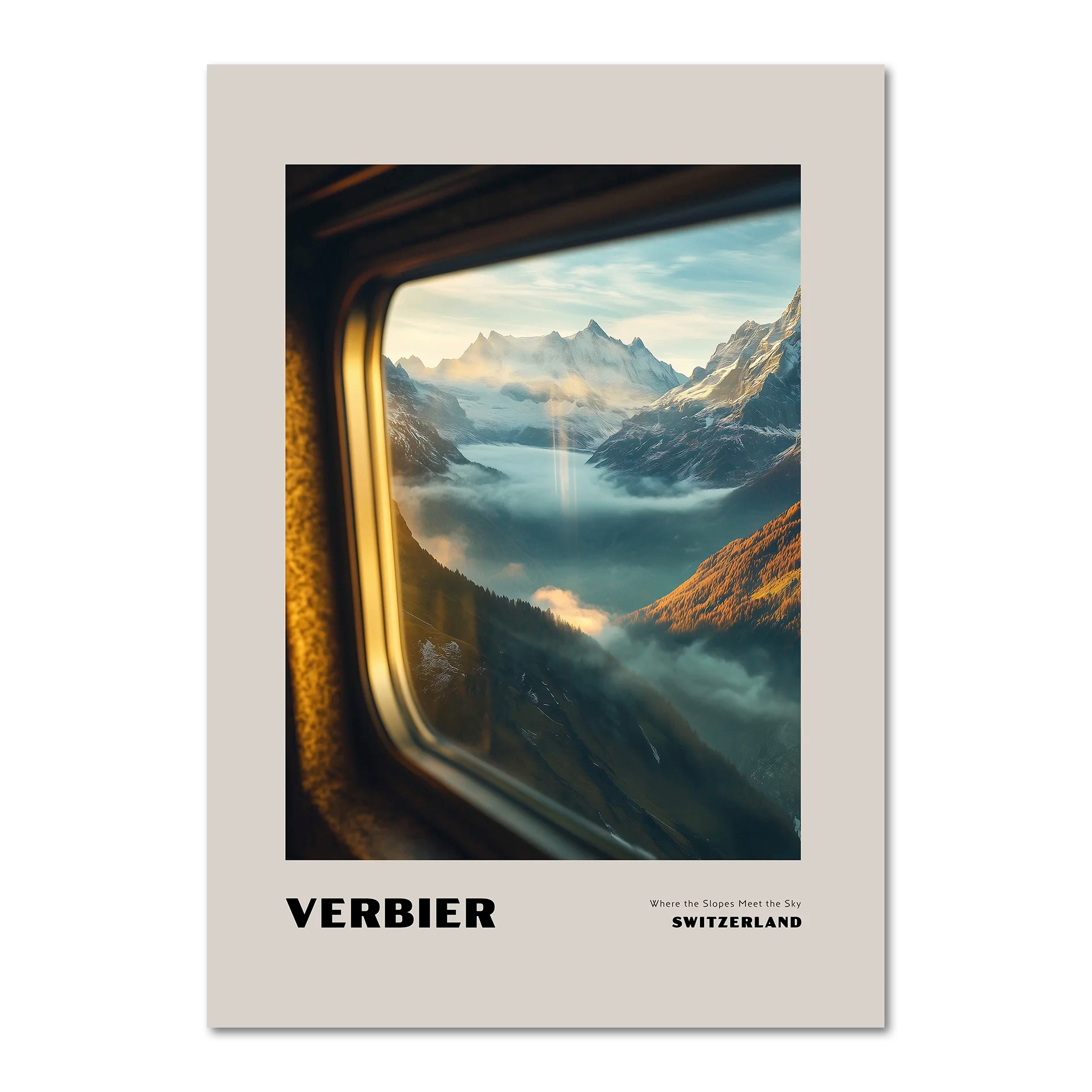 Verbier - Where the Slopes Meet the Sky - Poster showing a serene alpine view from a train window in Switzerland.