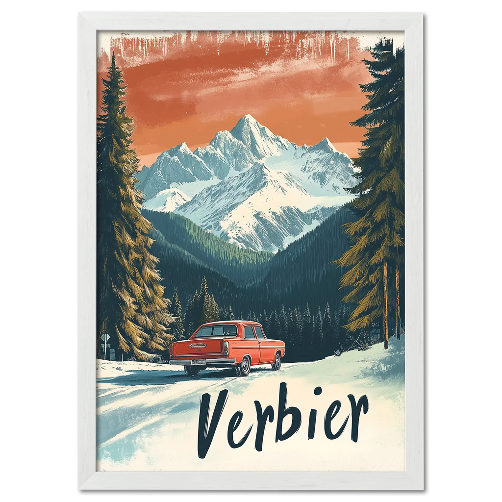 Verbier - Alpine Roadtrip - Poster featuring a vintage red car in a snowy alpine landscape with mountains.
