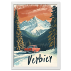 Verbier - Alpine Roadtrip - Poster featuring a vintage red car in a snowy alpine landscape with mountains.