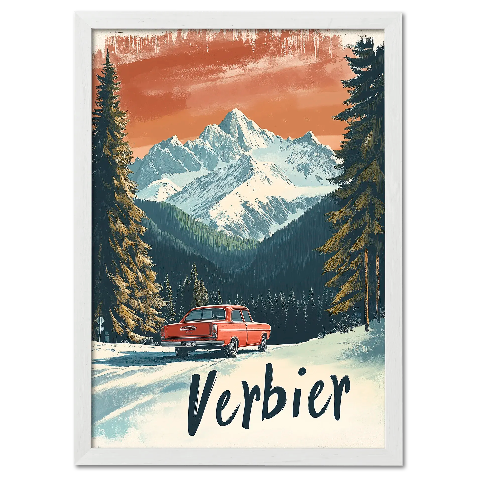 Verbier - Alpine Roadtrip - Poster featuring a vintage red car in a snowy alpine landscape with mountains.