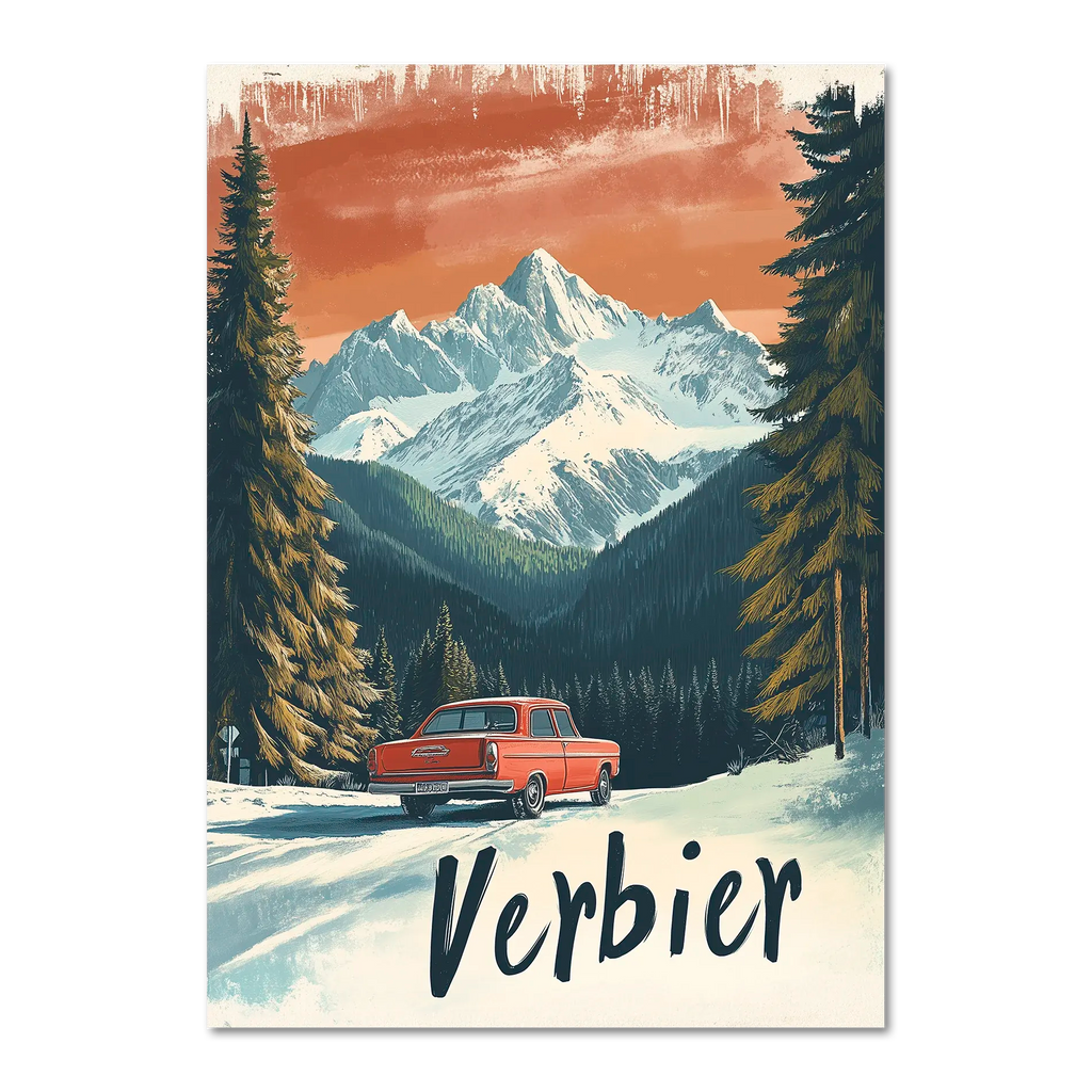 Verbier - Alpine Roadtrip - Poster featuring a vintage red car on a snowy road surrounded by mountains and pine trees.