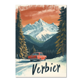 Verbier - Alpine Roadtrip - Poster featuring a vintage red car on a snowy road surrounded by mountains and pine trees.