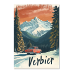 Verbier - Alpine Roadtrip - Poster featuring a vintage red car on a snowy road surrounded by mountains and pine trees.