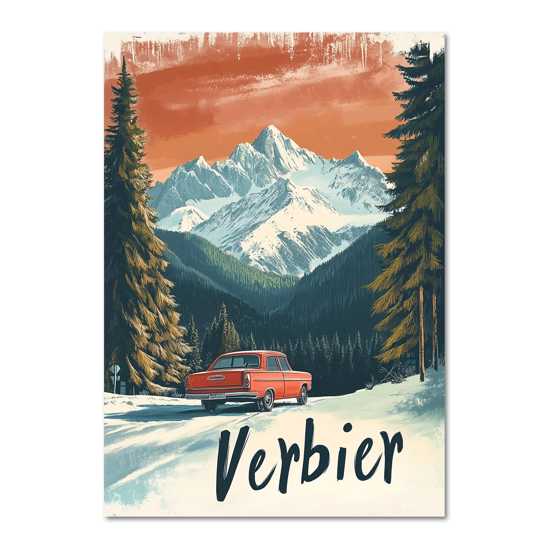 Verbier - Alpine Roadtrip - Poster featuring a vintage red car on a snowy road surrounded by mountains and pine trees.