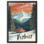 Verbier - Alpine Roadtrip - Poster depicting a vintage red car on a snowy road framed by tall trees and mountains.