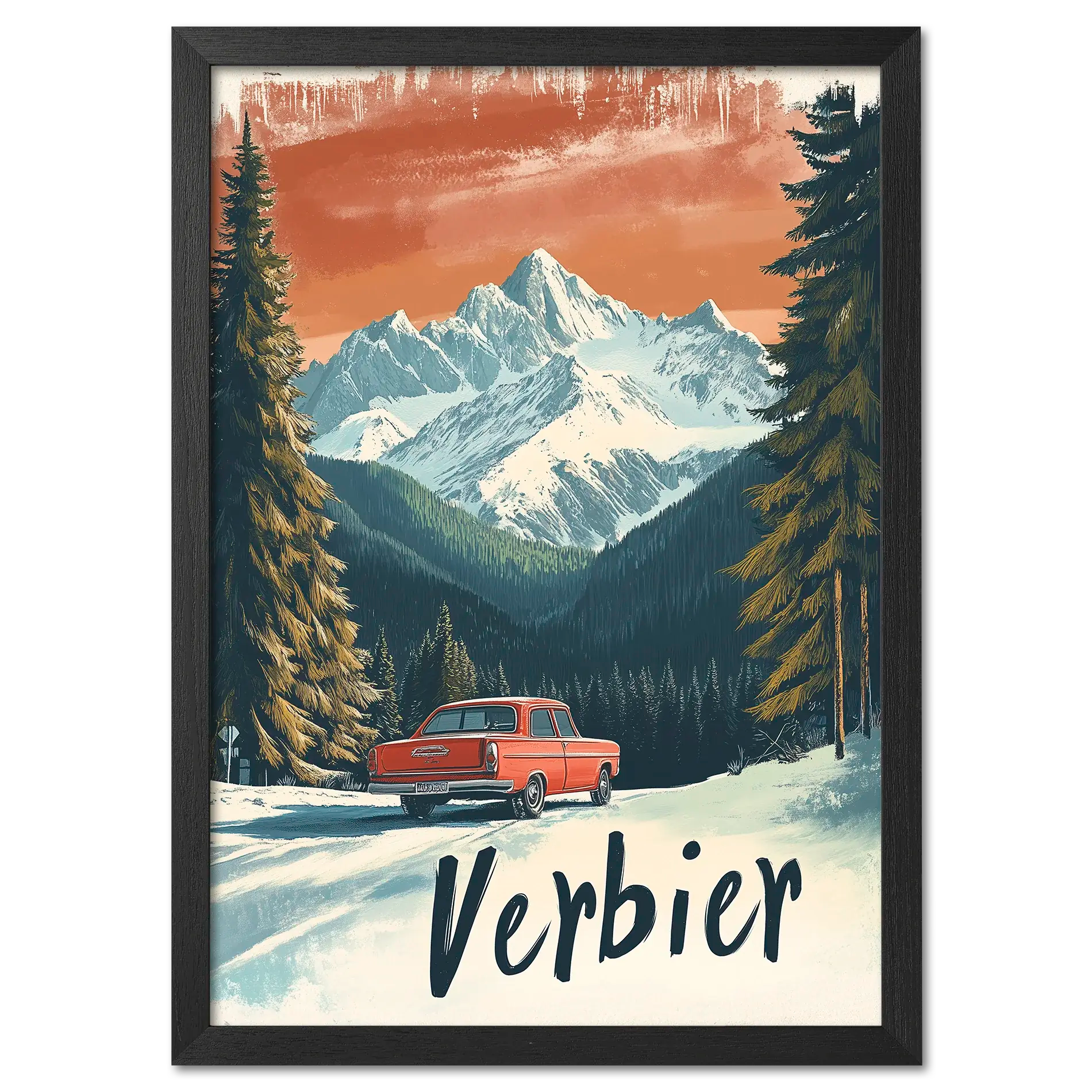 Verbier - Alpine Roadtrip - Poster depicting a vintage red car on a snowy road framed by tall trees and mountains.
