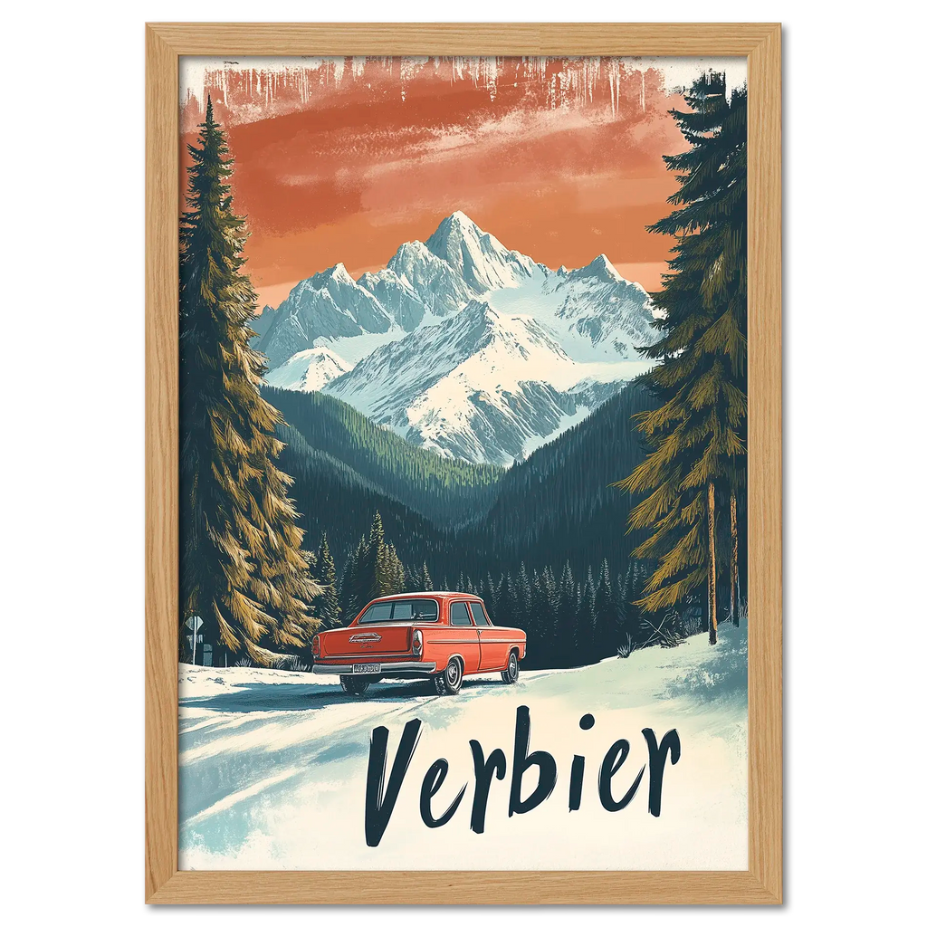 Verbier - Alpine Roadtrip - Poster featuring a vintage red car on a snowy mountain road.