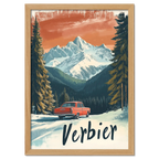 Verbier - Alpine Roadtrip - Poster featuring a vintage red car on a snowy mountain road.