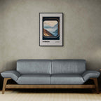 Verbier - Alpine Ski Paradise - Poster framed on a wall above a modern grey sofa in a stylish interior.