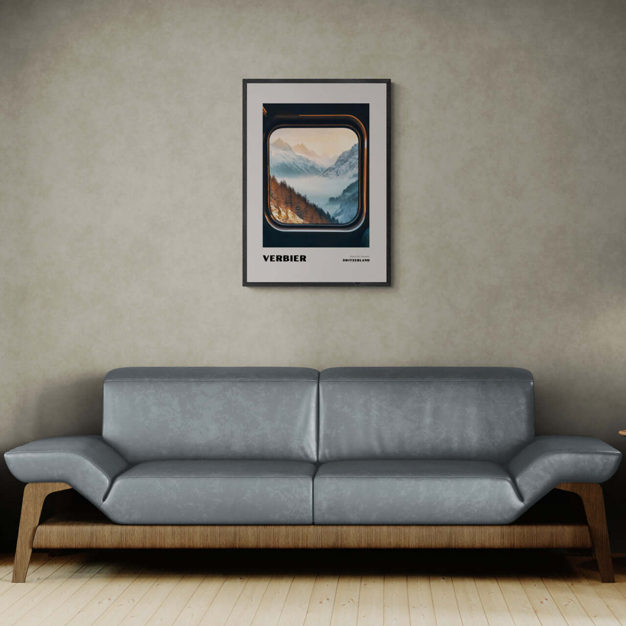 Verbier - Alpine Ski Paradise - Poster framed on a wall above a modern grey sofa in a stylish interior.