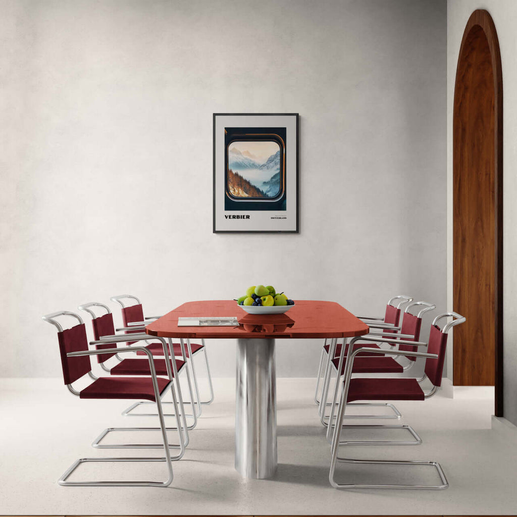 Verbier - Alpine Ski Paradise - Poster displayed in a modern dining room with a red table and stylish chairs.