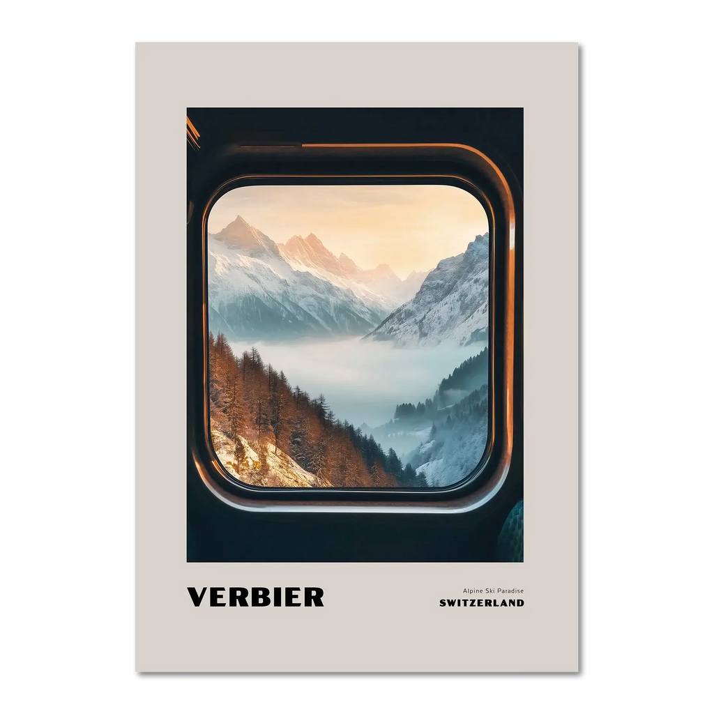 Verbier - Alpine Ski Paradise - Poster showcasing an alpine valley through a train window with snowy mountains.