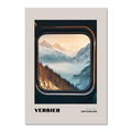 Verbier - Alpine Ski Paradise - Poster showcasing an alpine valley through a train window with snowy mountains.