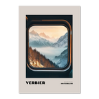 Verbier - Alpine Ski Paradise - Poster showcasing an alpine valley through a train window with snowy mountains.