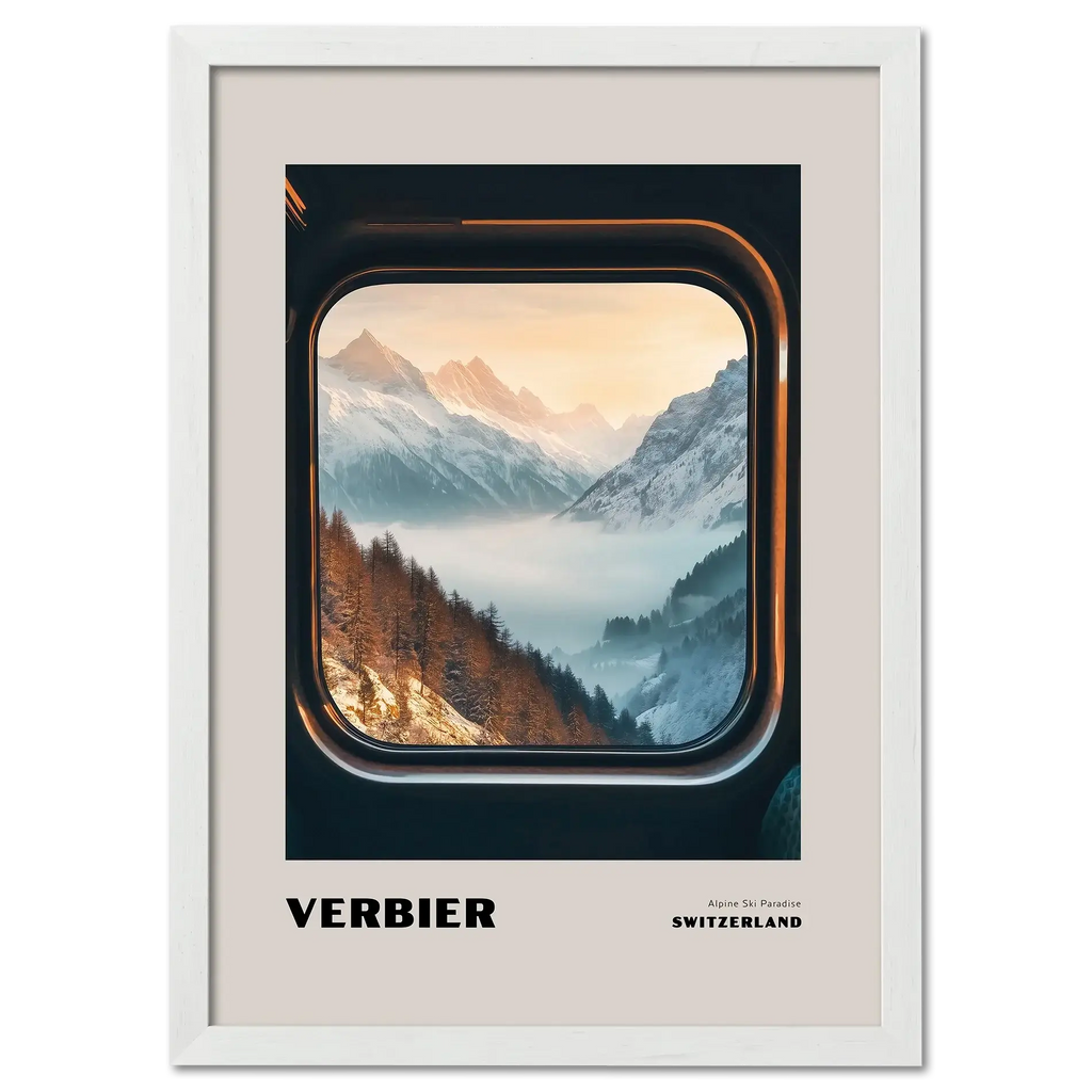 Verbier - Alpine Ski Paradise - Poster depicting a serene mountain view through a train window in Switzerland.