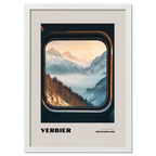 Verbier - Alpine Ski Paradise - Poster depicting a serene mountain view through a train window in Switzerland.