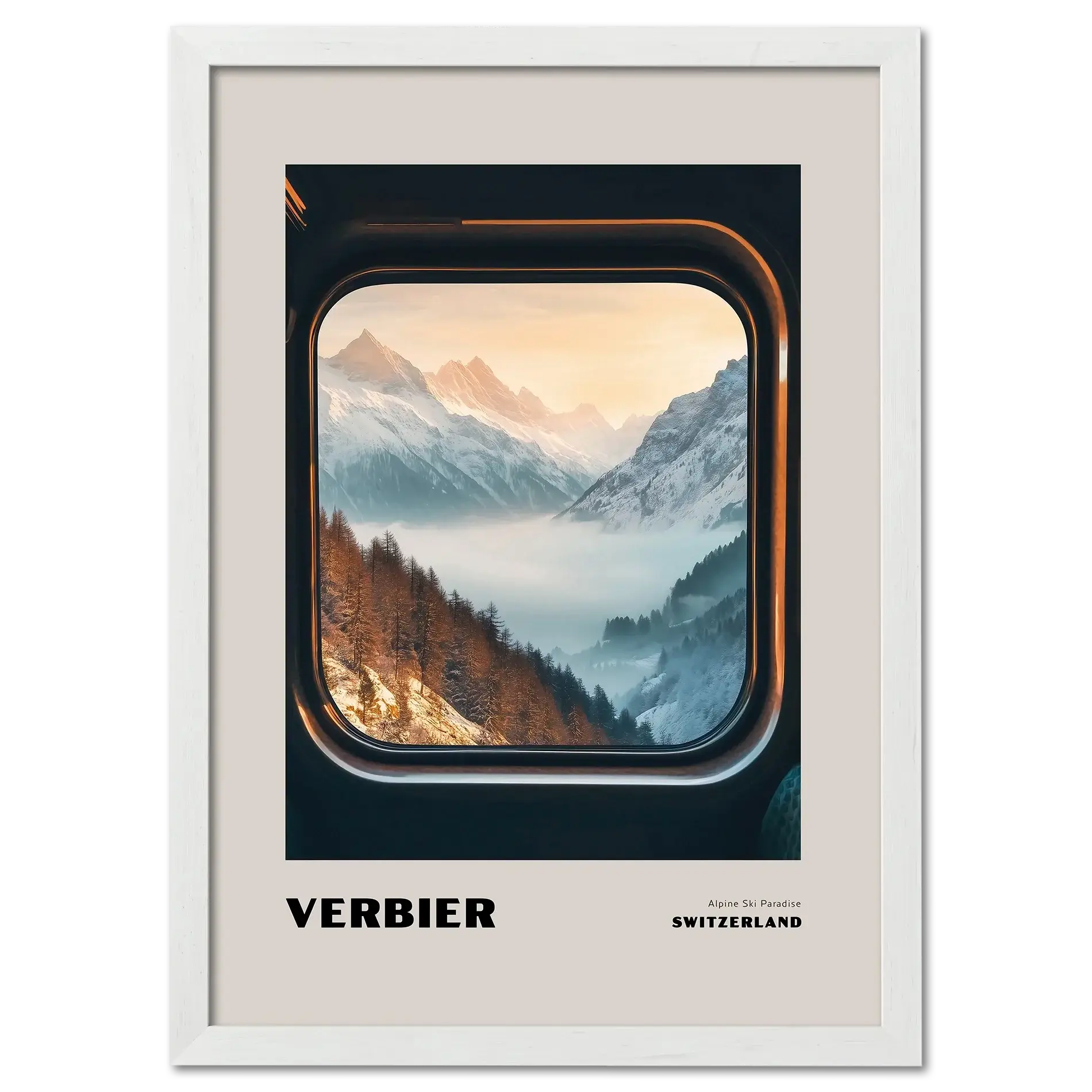 Verbier - Alpine Ski Paradise - Poster depicting a serene mountain view through a train window in Switzerland.