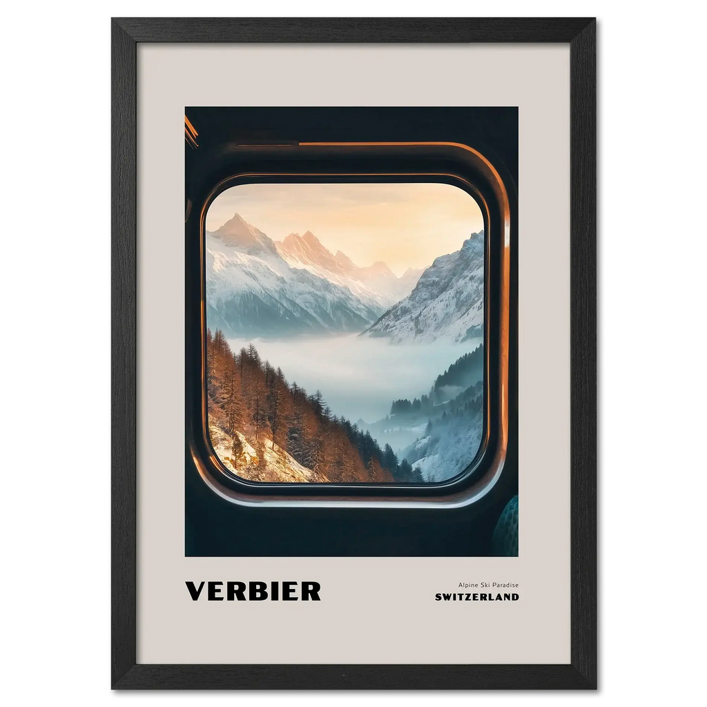 Verbier - Alpine Ski Paradise - Poster showcasing a serene alpine valley and snowy peaks viewed from a train window.