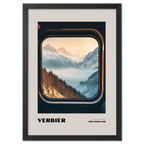 Verbier - Alpine Ski Paradise - Poster showcasing a serene alpine valley and snowy peaks viewed from a train window.