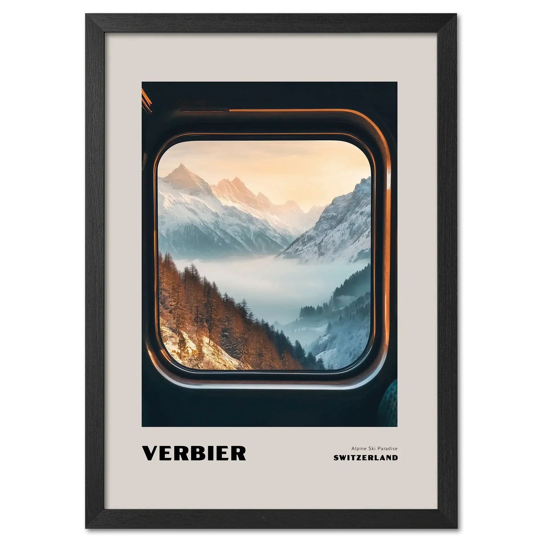 Verbier - Alpine Ski Paradise - Poster showcasing a serene alpine valley and snowy peaks viewed from a train window.