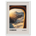 Verbier - Altitude- 1500m - Poster depicting a warm alpine sunset through a gondola window in Switzerland.