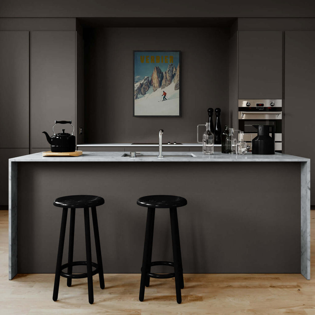 Verbier - Alpine Thrill - Poster displayed in a modern kitchen setting with minimalist decor and stylish bar stools.