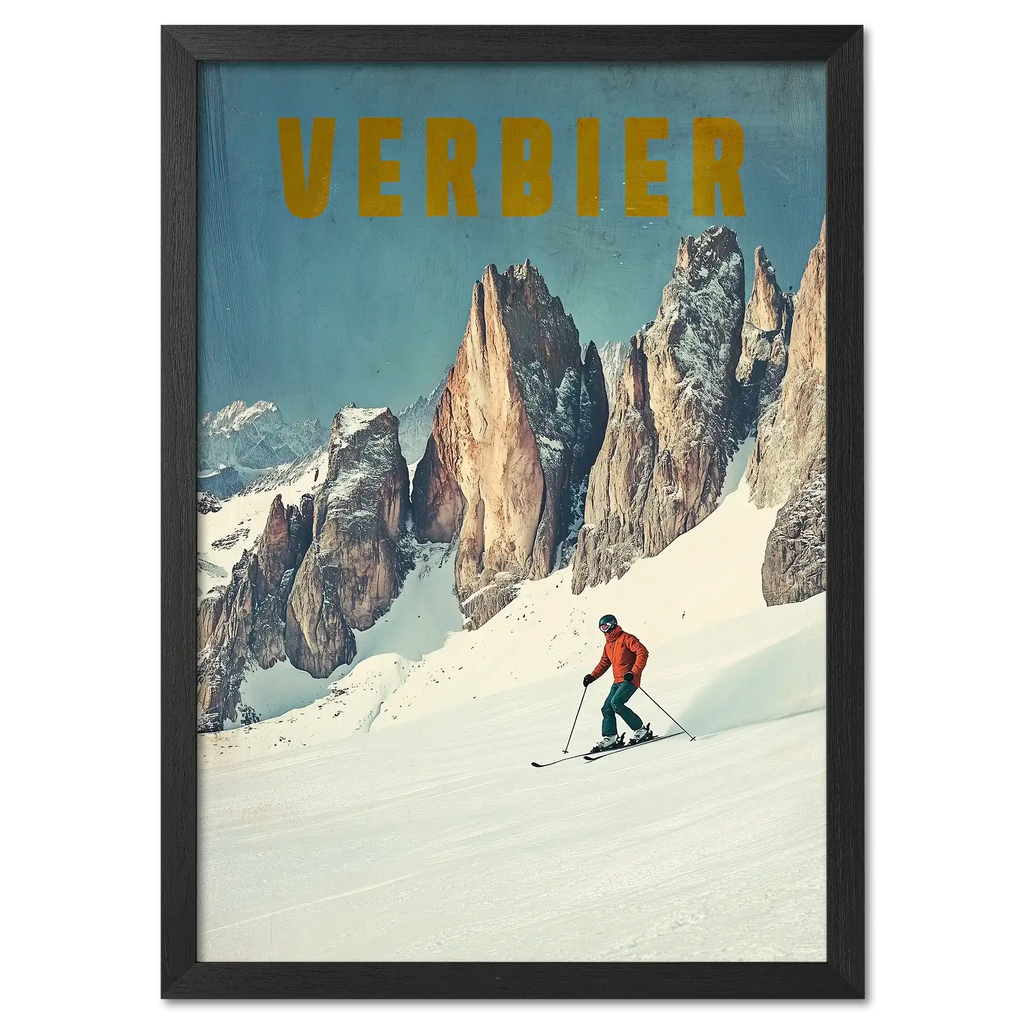 Verbier - Alpine Thrill - Poster featuring a skier on a snowy slope with rocky alpine peaks in the background.