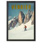 Verbier - Alpine Thrill - Poster featuring a skier on a snowy slope with rocky alpine peaks in the background.