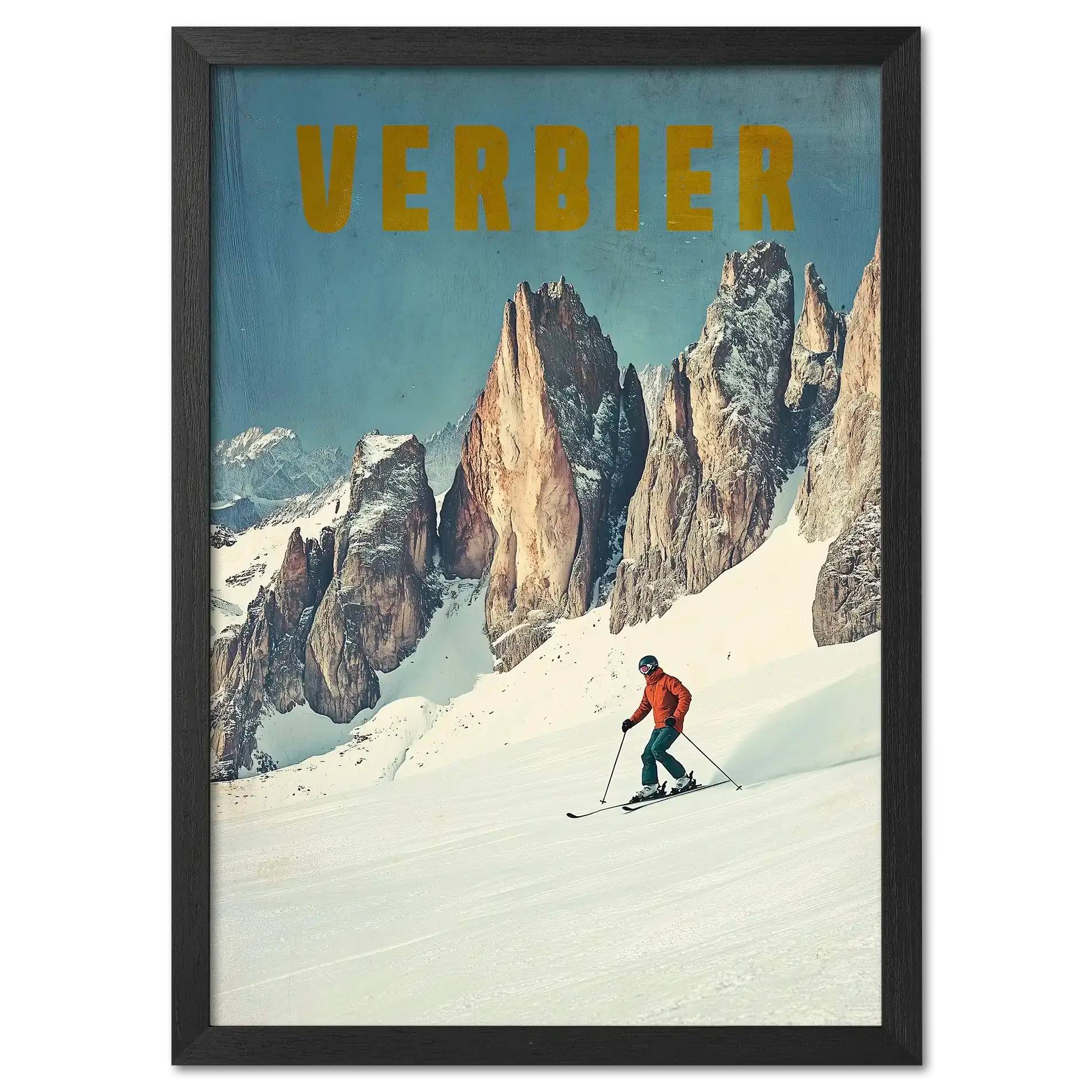 Verbier - Alpine Thrill - Poster featuring a skier on a snowy slope with rocky alpine peaks in the background.
