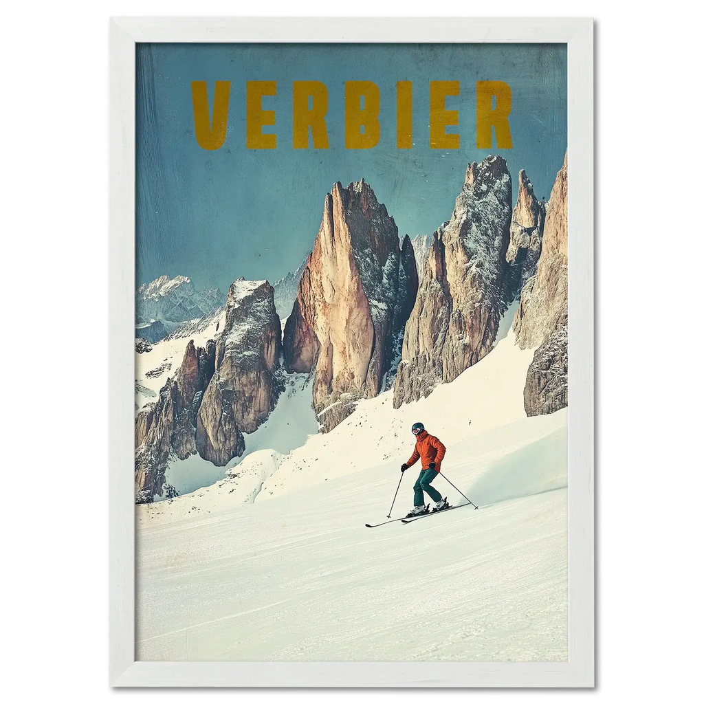 Verbier - Alpine Thrill - Poster featuring a skier on a snowy slope with alpine peaks in the background.