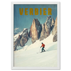 Verbier - Alpine Thrill - Poster featuring a skier on a snowy slope with alpine peaks in the background.