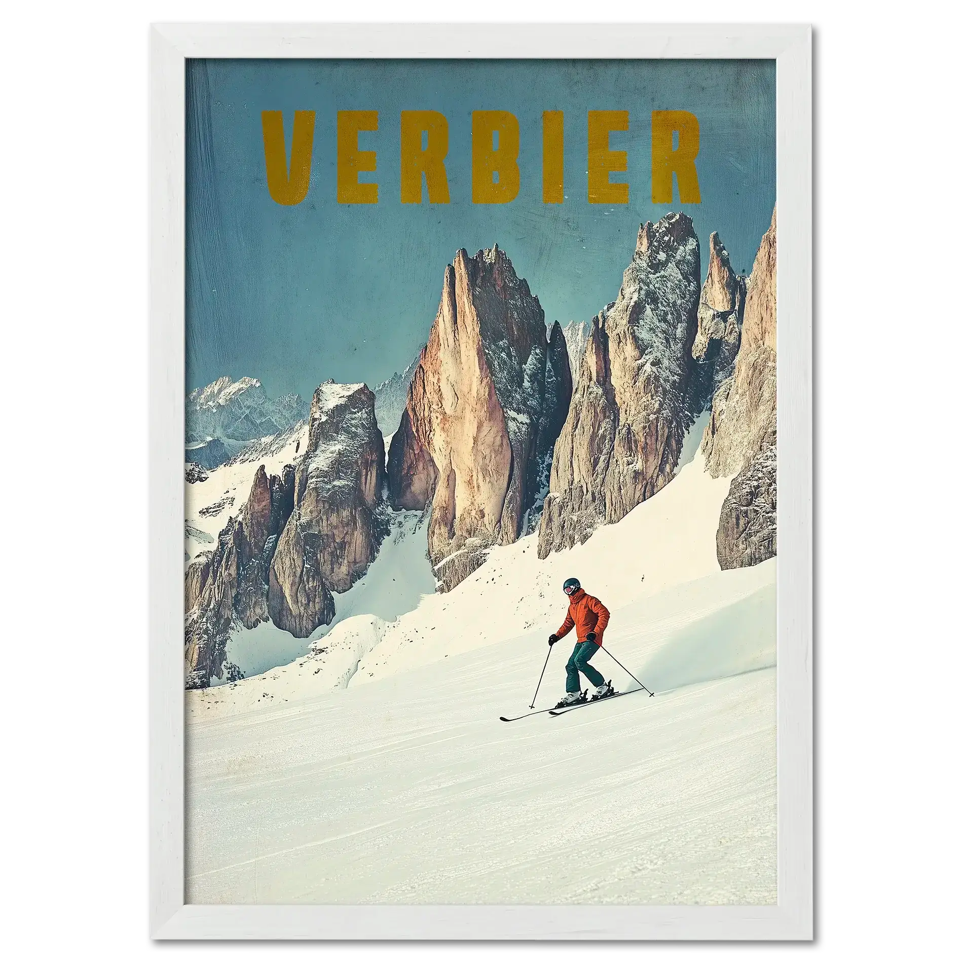 Verbier - Alpine Thrill - Poster featuring a skier on a snowy slope with alpine peaks in the background.