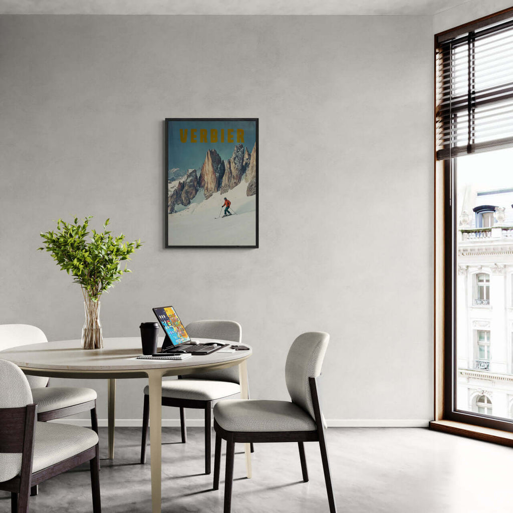 Verbier - Alpine Thrill - Poster showcasing a skier in a modern bright living room with natural light.