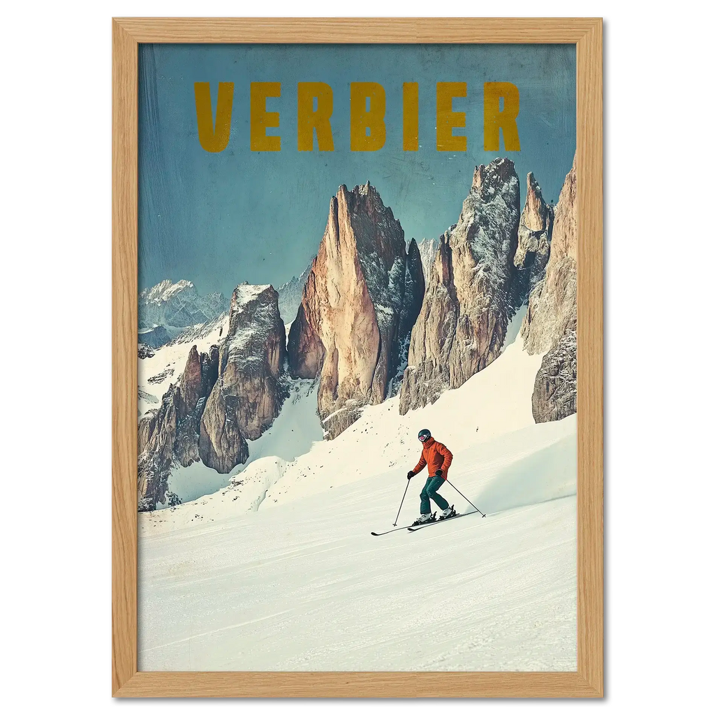 Verbier - Alpine Thrill - Poster featuring a skier on a snowy slope with rocky peaks in the background.