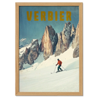 Verbier - Alpine Thrill - Poster featuring a skier on a snowy slope with rocky peaks in the background.