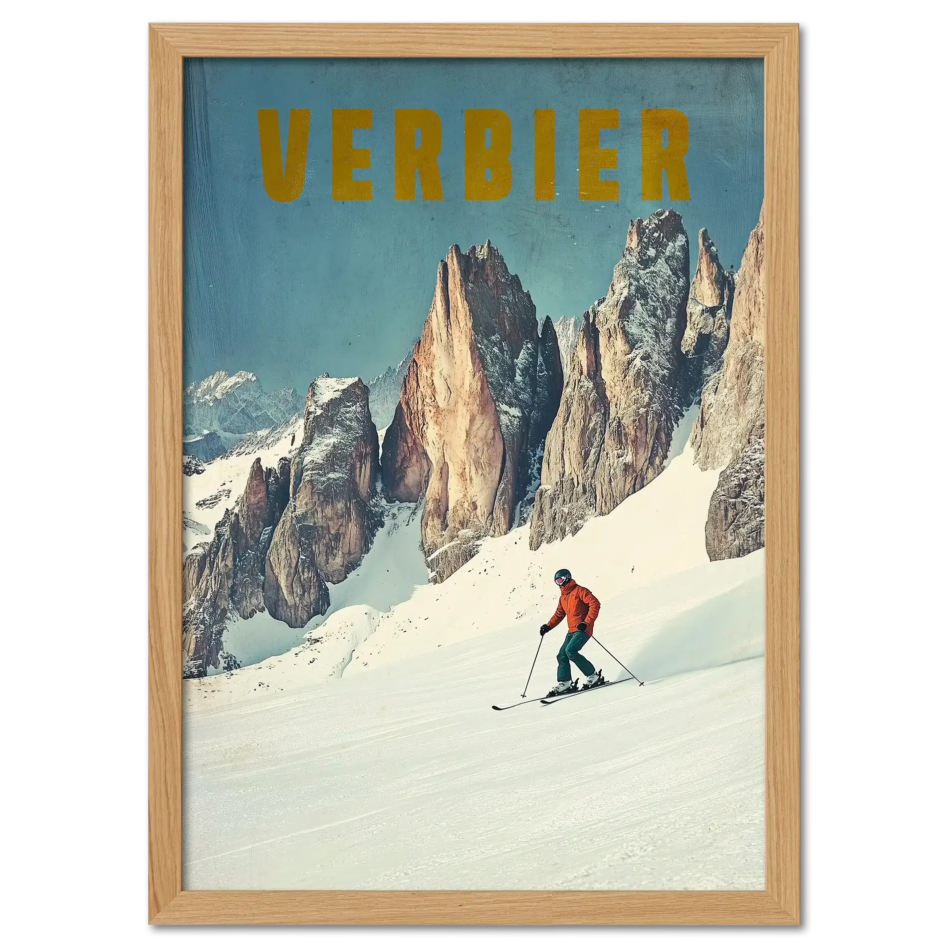Verbier - Alpine Thrill - Poster featuring a skier on a snowy slope with rocky peaks in the background.